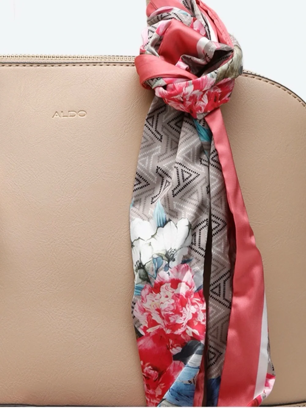 ALDO Beige Satchel with Coral Floral Scarf Accent